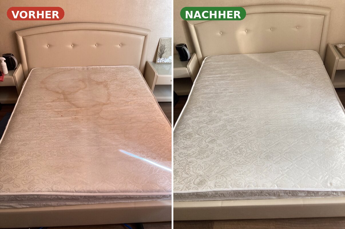 Matratzenreinigung Pforzheim — Doppelbett mit Schweißflecken Vorher Nachher