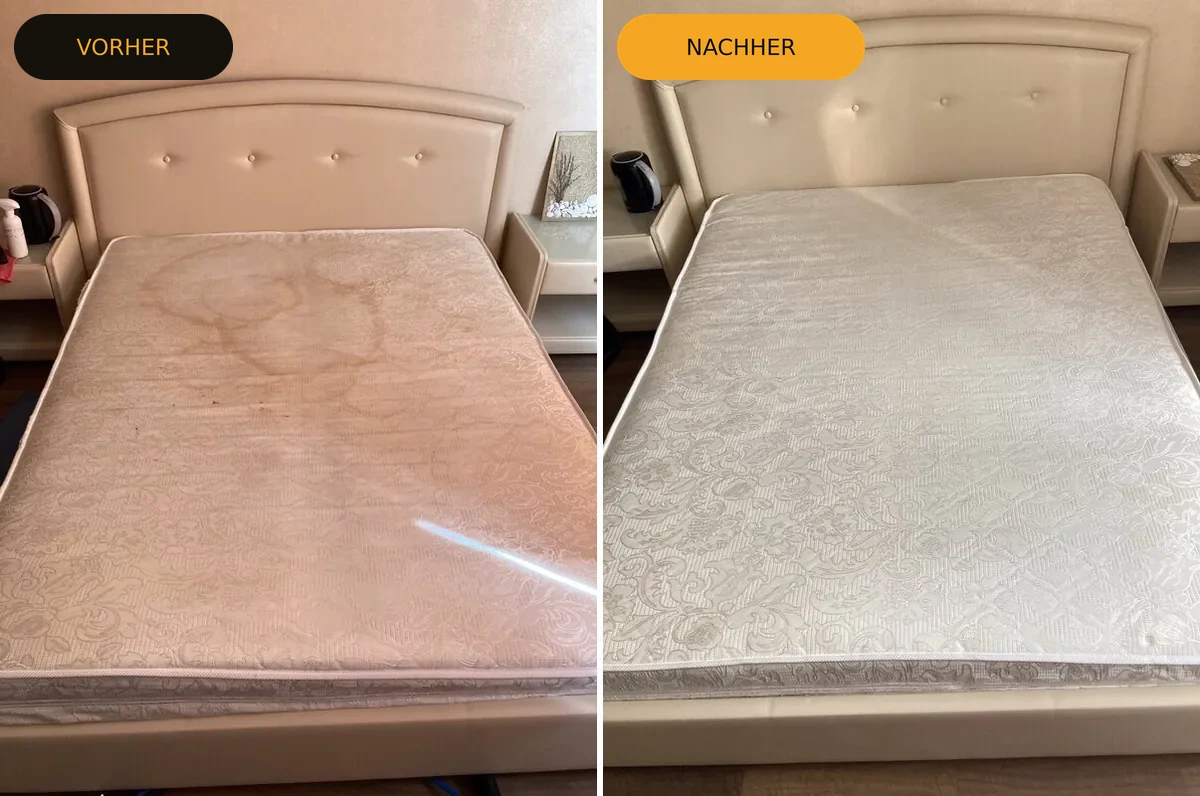 Matratzenreinigung Pforzheim — Doppelbett mit Schweißflecken Vorher Nachher