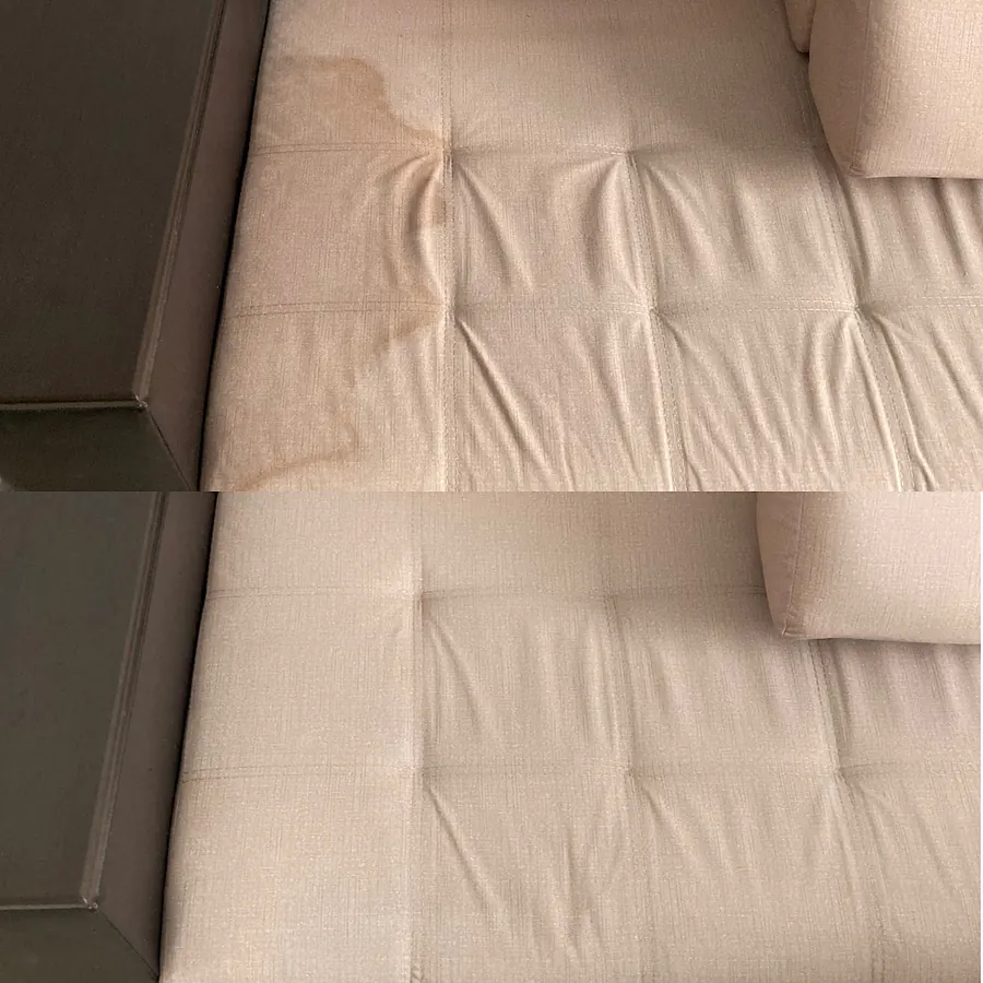 Wasserrand auf beigem Sofa entfernt — vorher und nachher
