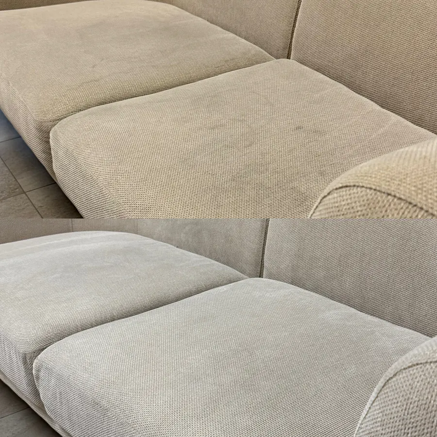 Sofa-Sitzfläche Fleckenentfernung — vorher und nachher