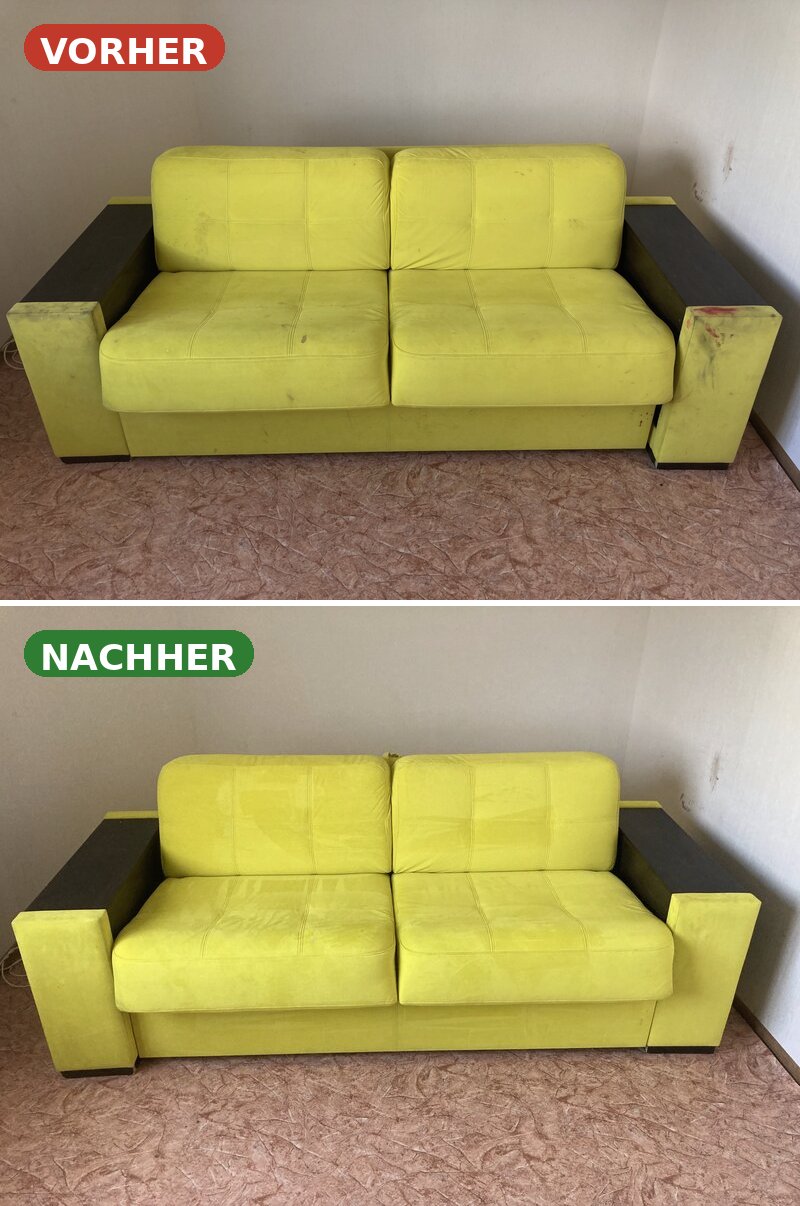 Sofa Vorher Nachher — gelbe Polster mit Flecken professionell gereinigt