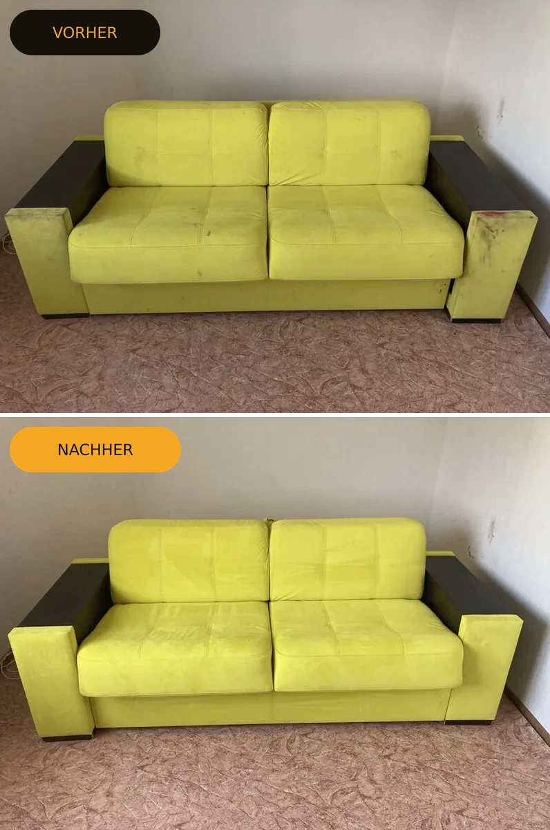 Sofa Vorher Nachher — gelbe Polster mit Flecken professionell gereinigt