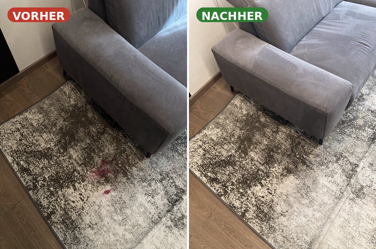 Teppichreinigung Pforzheim — Weinfleck auf grauem Teppich entfernt